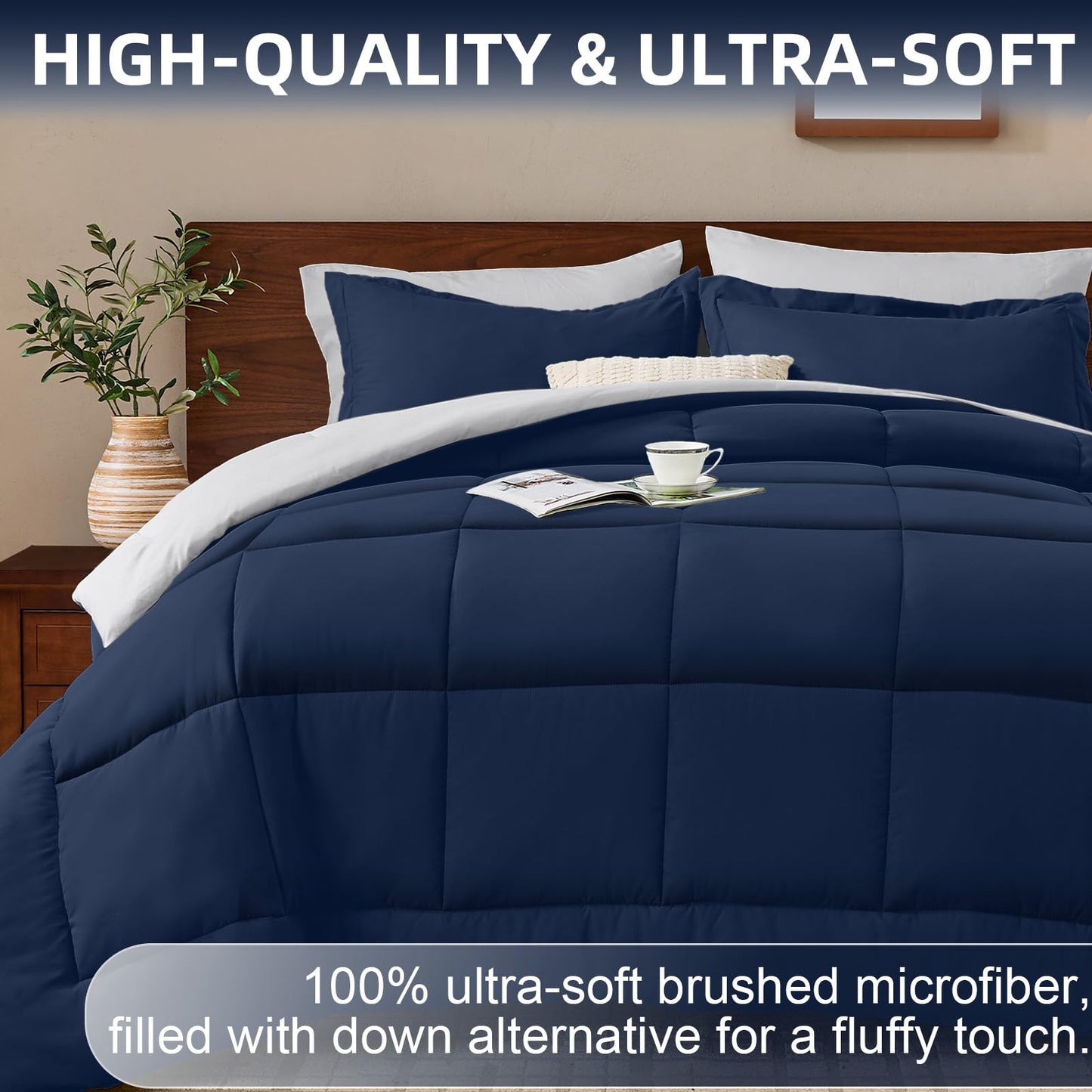 FUANNA Queen Comforter Set 7 Pieces, Reversible Bed in a Bag with All Season Soft Comforter, Bedding Sets Includes Comforter, Flat Sheet, Fitted Sheet, Pillowcases & Shams, Navy Blue & Light Grey