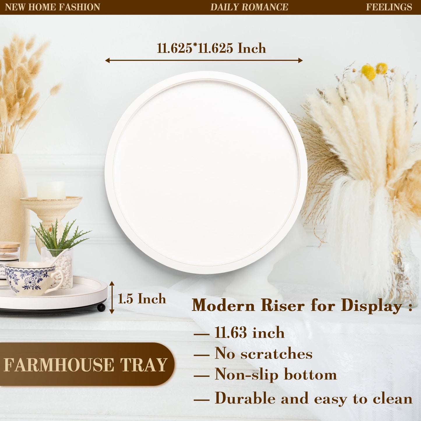 GENMOUS 12in Decorative Tray - White Wood Iron Bead Round Tray for Coffee Table, Rustic Farmhouse Centerpiece for Living Room, Kitchen Table Dining Decor