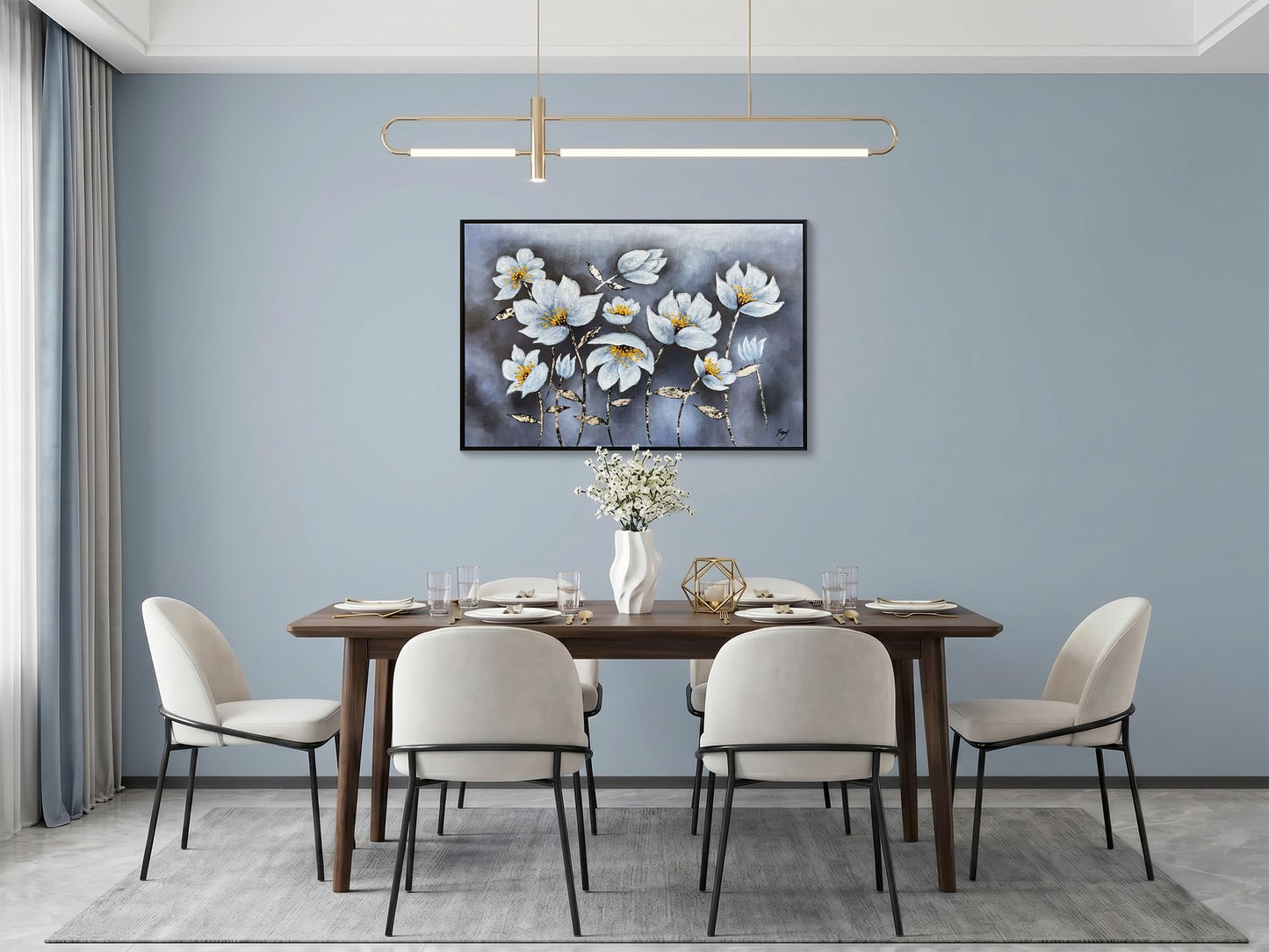 Eonzeun Hand Painted Textured White Floral Oil Painting, 24x36 Inch Wood Framed Canvas Wall Art, Modern Luxury Home Decor for Living Room Bedroom