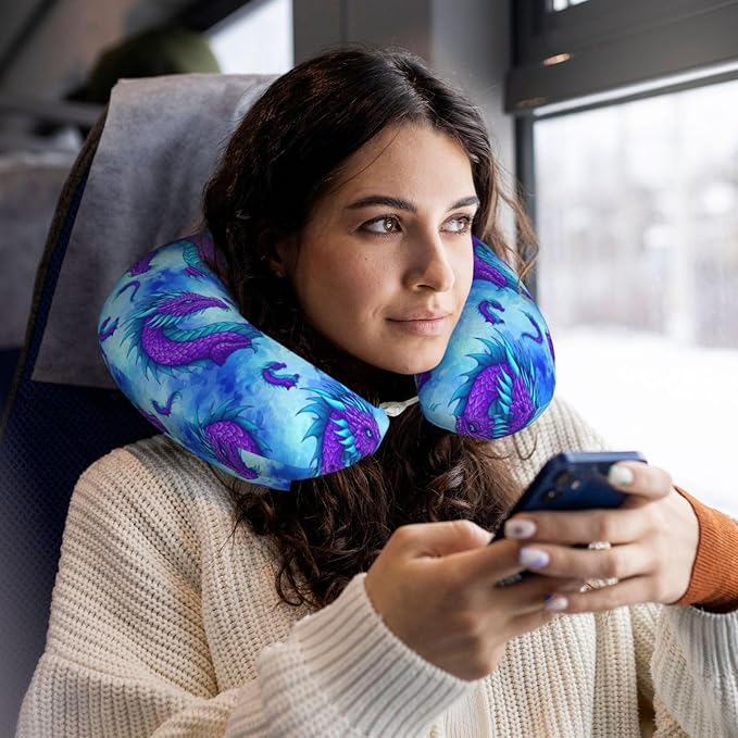Memory Foam Airplane Pillow Purple Dragon for Car Chin Head Neck Supporting, U Shape Pillows Travel Cushion for Office, Nap Sleeping