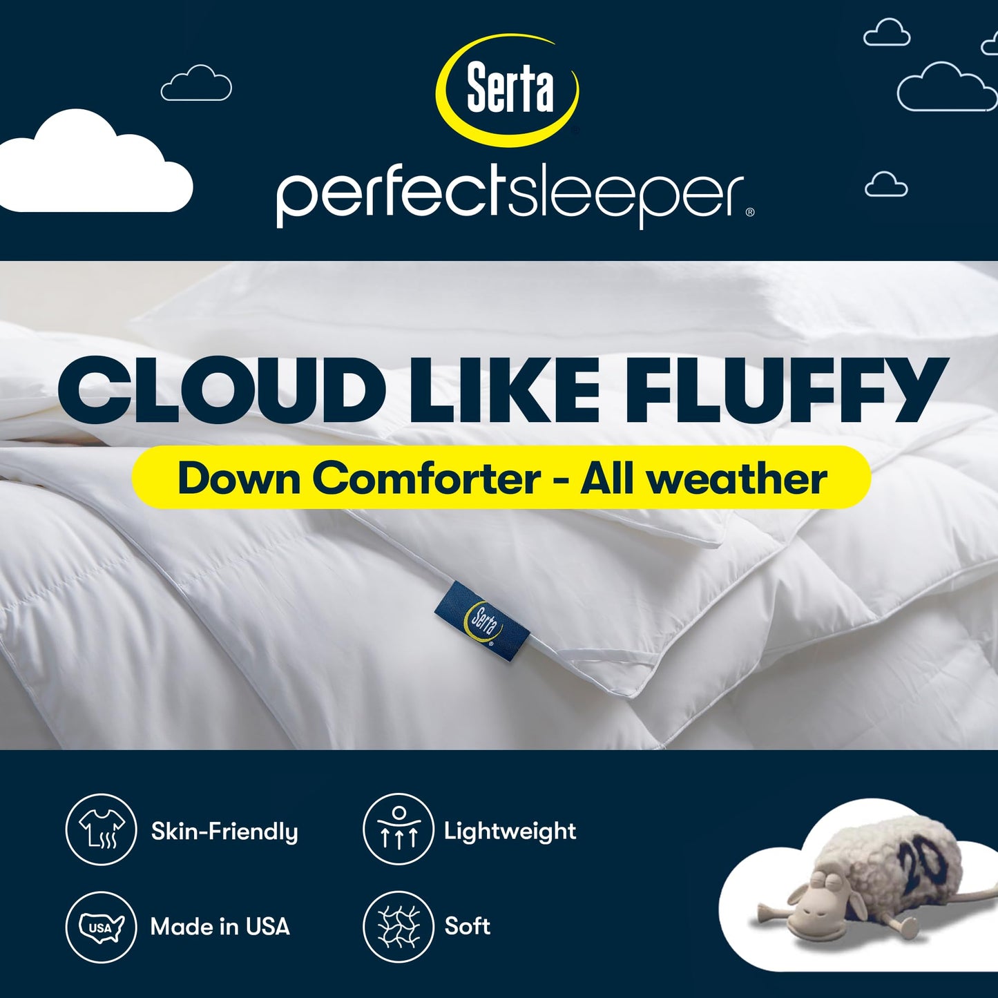 Serta European Down Comforter Queen Size All Season, 100% Cotton, 600 Fill Power Extra Fluffy, Made in USA, White Down Duvet Insert, Lightweight Medium Warmth, Hotel Style, 90"x 90" White