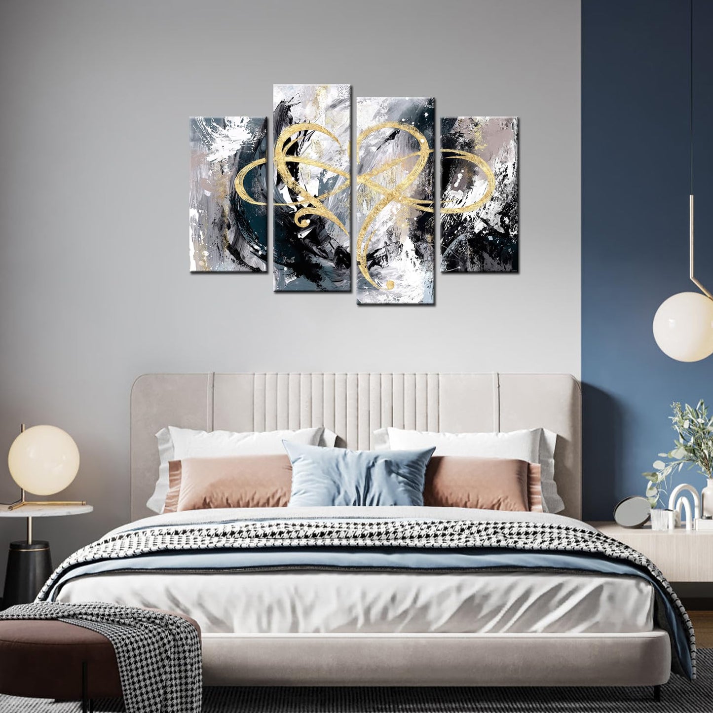 iHAPPYWALL 4 Panel Infinity Heart Canvas Wall Art Abstract Eternal Love Geometric Grey and Gold Picture Artwork for Bedroom Living Room Home Decor Ready to Hang (Grey)
