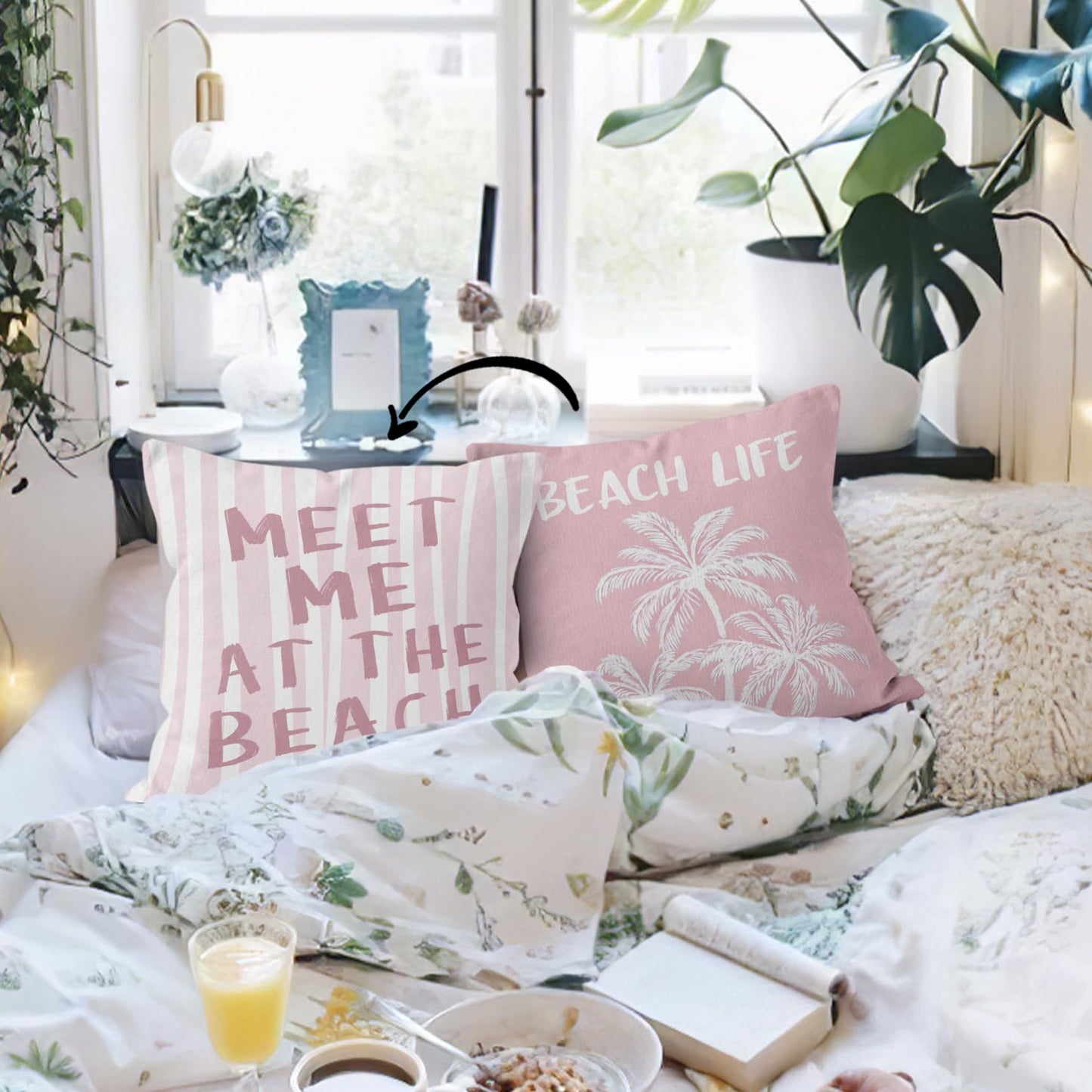 HIWX Pink Coastal Beach Pillow Covers 18x18 Double-Sided, Beachy Room Decor Aesthetic, Preppy Pink Meet Me at The Beach Palm Tree Decorative Pillow Covers for Couch Bed Girls Room Bedroom Dorm Decor
