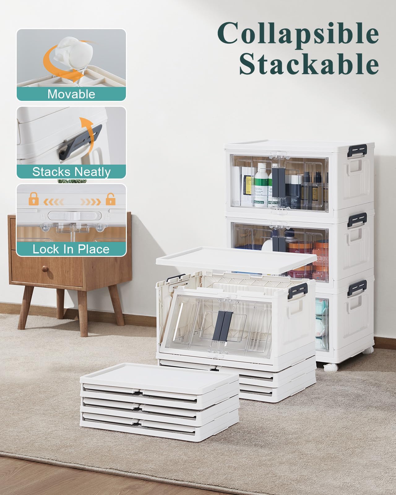 OlarHike 23QT Stackable Lockable Storage Bins with Lids - Folding Storage Box with Doors & Wheels, Collapsible Plastic Organizers for Closets, Dorm, School, Office, Drawers, Bathroom, Gifts, 3 Pack