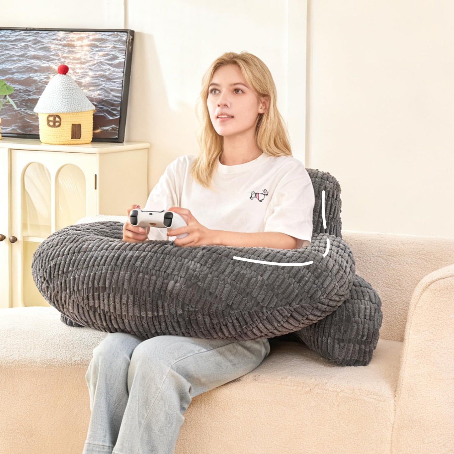 PAJEO Reading Pillow for Bed 17",Durable Striped Corduroy U Shaped Backrest with Arm Support,Ergonomic Gaming Cushion for Students,Small Bedroom Lounging,Medium - Gray