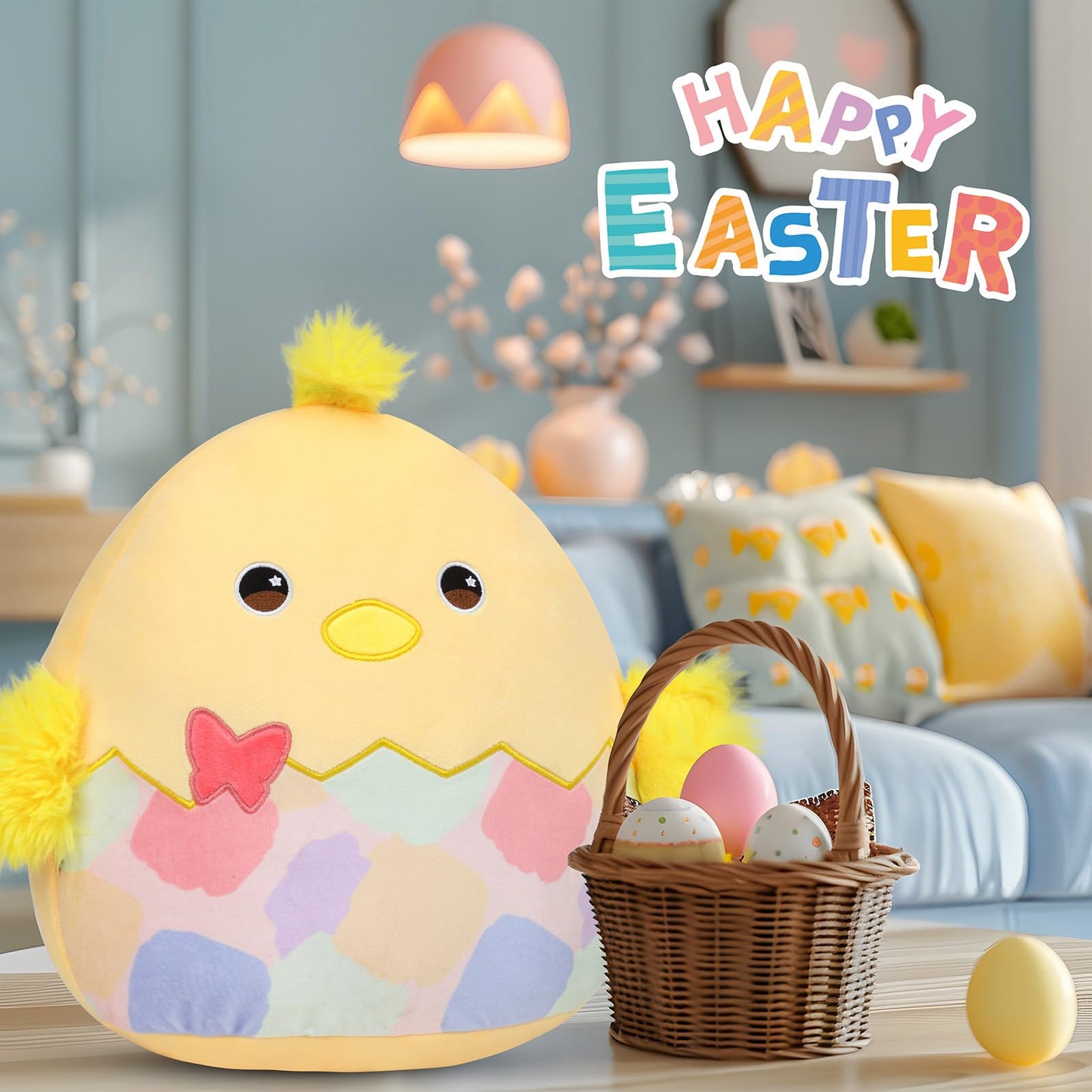 Mushymallow 12” Easter Chicken Plush Pillow Cute Easter Egg Chick Plush Toy Soft Chicken Stuffed Animal Easter Gifts for Kids Girls Boys