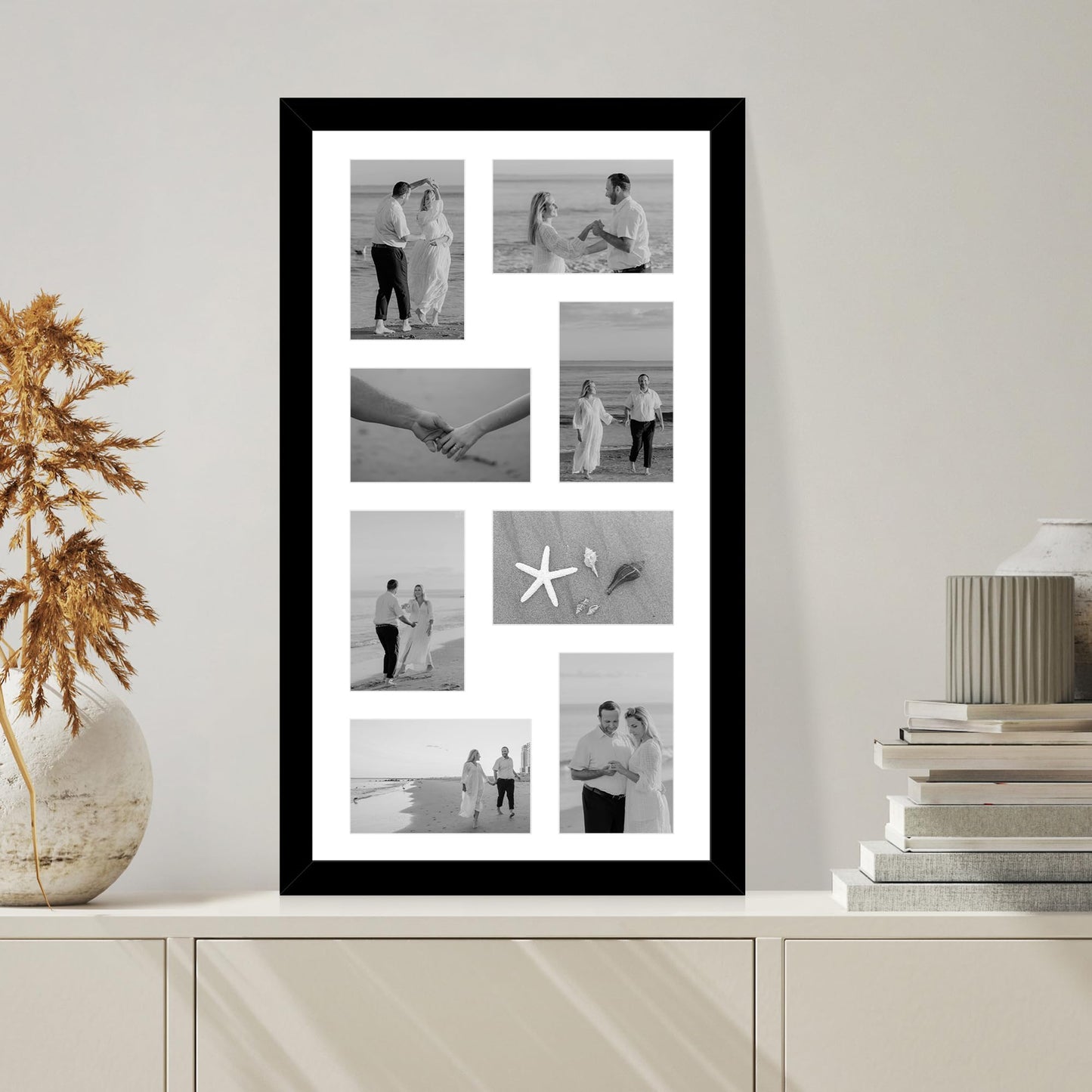 Hongkee 12x22 Picture Frame Set of 2, Black with Glass Collage Frame, Display Eight Opening 4x6 Photos With Mat or 12 x 22 Newspaper Without Mat - Horizontal or Vertical Wall Mounting