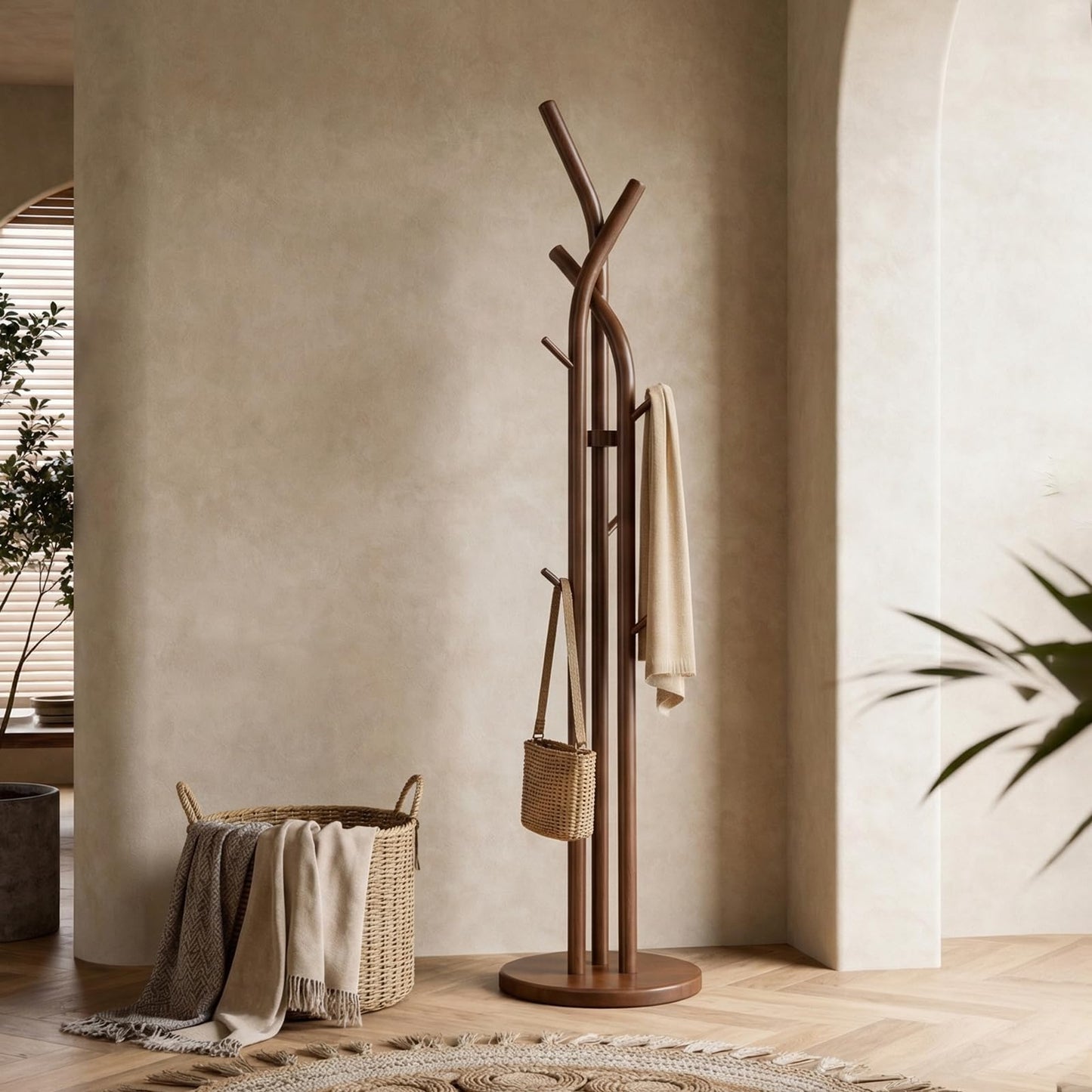 Solid Wood Coat Rack Freestanding Wood Coat Tree Rack with 9 Hooks, Creative Tree-Shaped Design, Standing Coat Rack Clothes Hanger Stand with Sturdy Base for Entryway, Bedroom - Load 300lb (Walnut)