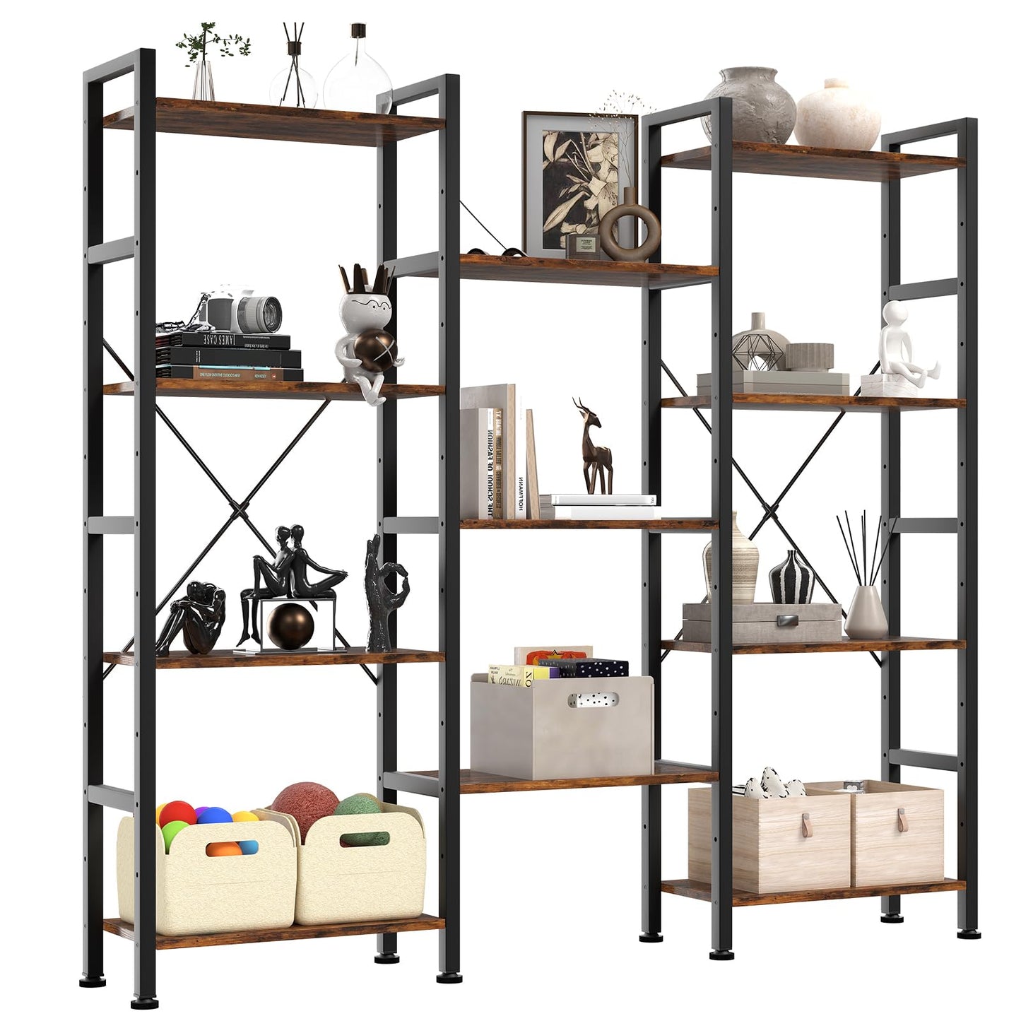 DUMOS Triple Column 4 Tier Bookshelf with Adjustable Shelves, Wide Convertible Display Unit, Industrial Bookcase for Living Room & Home Office, Sturdy Freestanding Storage Decor Organizer, Rust