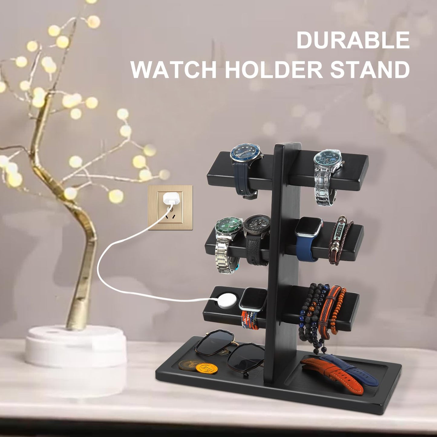 Xnwouco Watch Stand for Men, Watch Display Stand with Charger Groove, Wooden Watch Holder Stand, Jewelry Holder Organizer for Rings, Jewelry, Coins Bracelets, Great Gifts for Men Women, Black