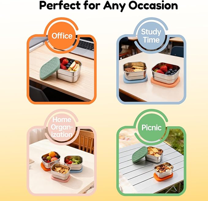 Fevbcnrj 4 Pack Stainless Steel Snack Containers, 8 oz Chip Container for Lunch Box, Easy Open No Leakage, Small Snack Containers with Silicone Lid, Stackable Metal Lunch Box for Outdoor and Travel