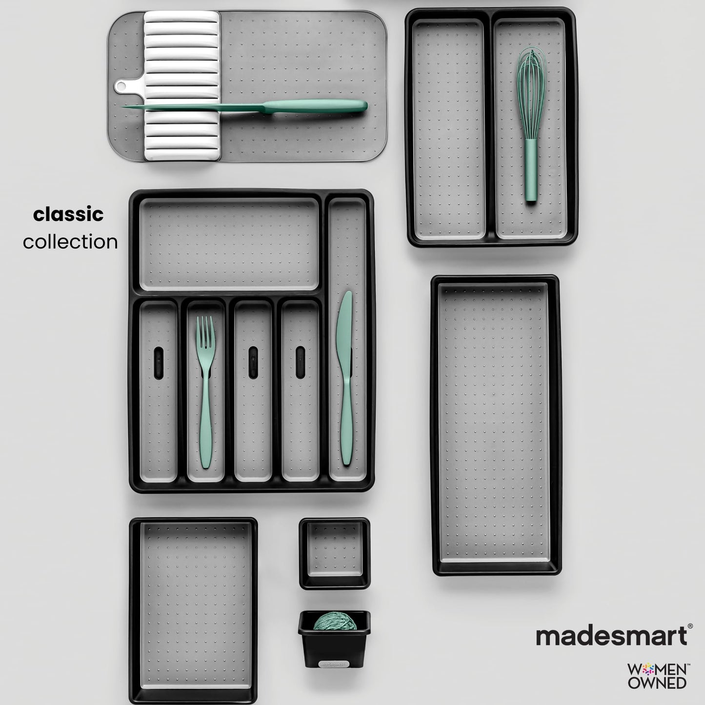 madesmart 3 Bin Drawer Organizer Set, Multi Purpose Storage for Utensils, Office & Bathroom, Organizer for Cutlery, Peeling Tools, Spatulas, Soft Grip Lining & Non Slip Feet, Granite