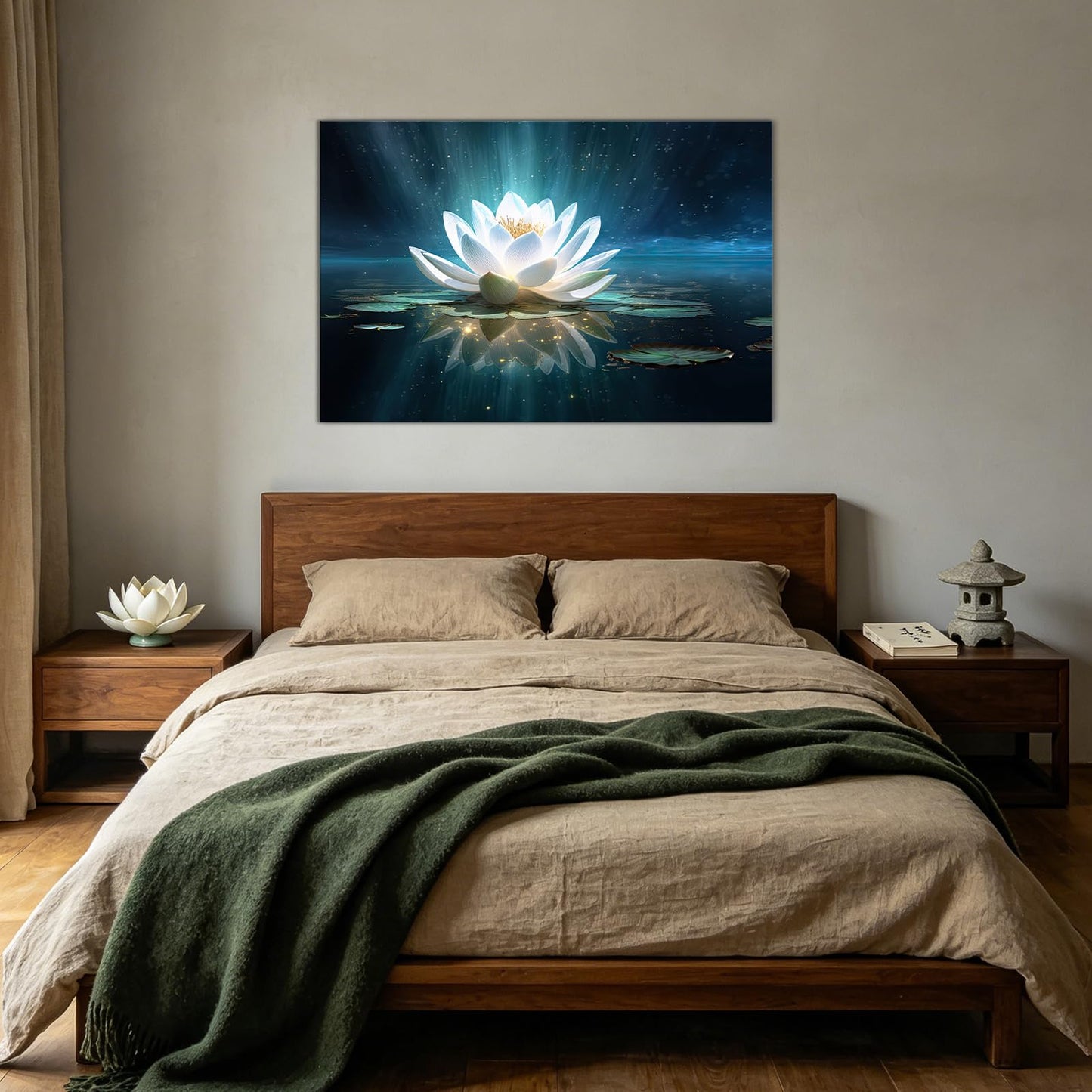 Zen Canvas Wall Art Glowing White Lotus Flower Picture Print Calming Spiritual Botanical Paintings for Living Room Bedroom Bathroom Decor(Artwork-5,12"x18")