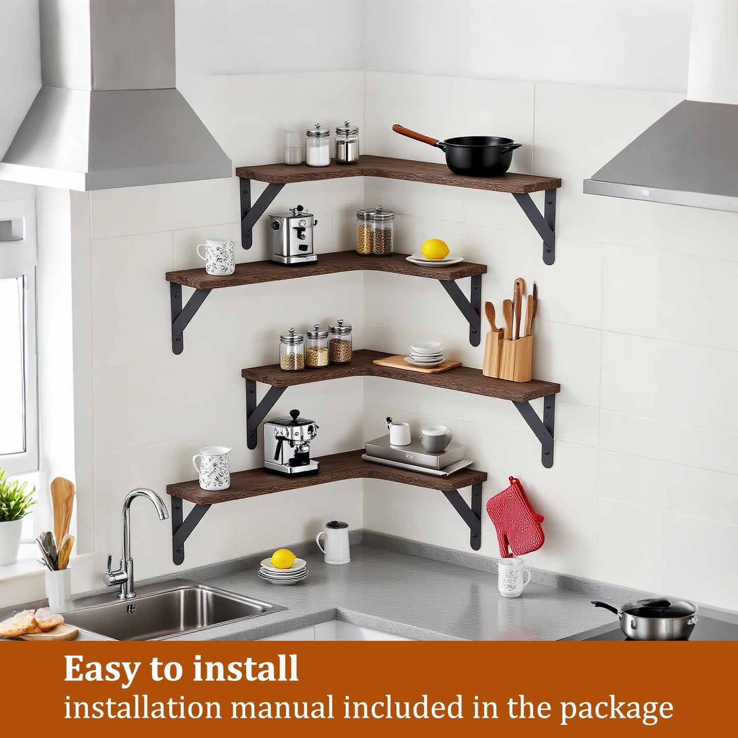 CACASO 5 Pack Floating Shelves, Rustic Wood Wall Storage Corner Shelf, Wall Mounted Wood Shelves for Office, Home Decor, Bathroom, Kitchen(Dark Brown)