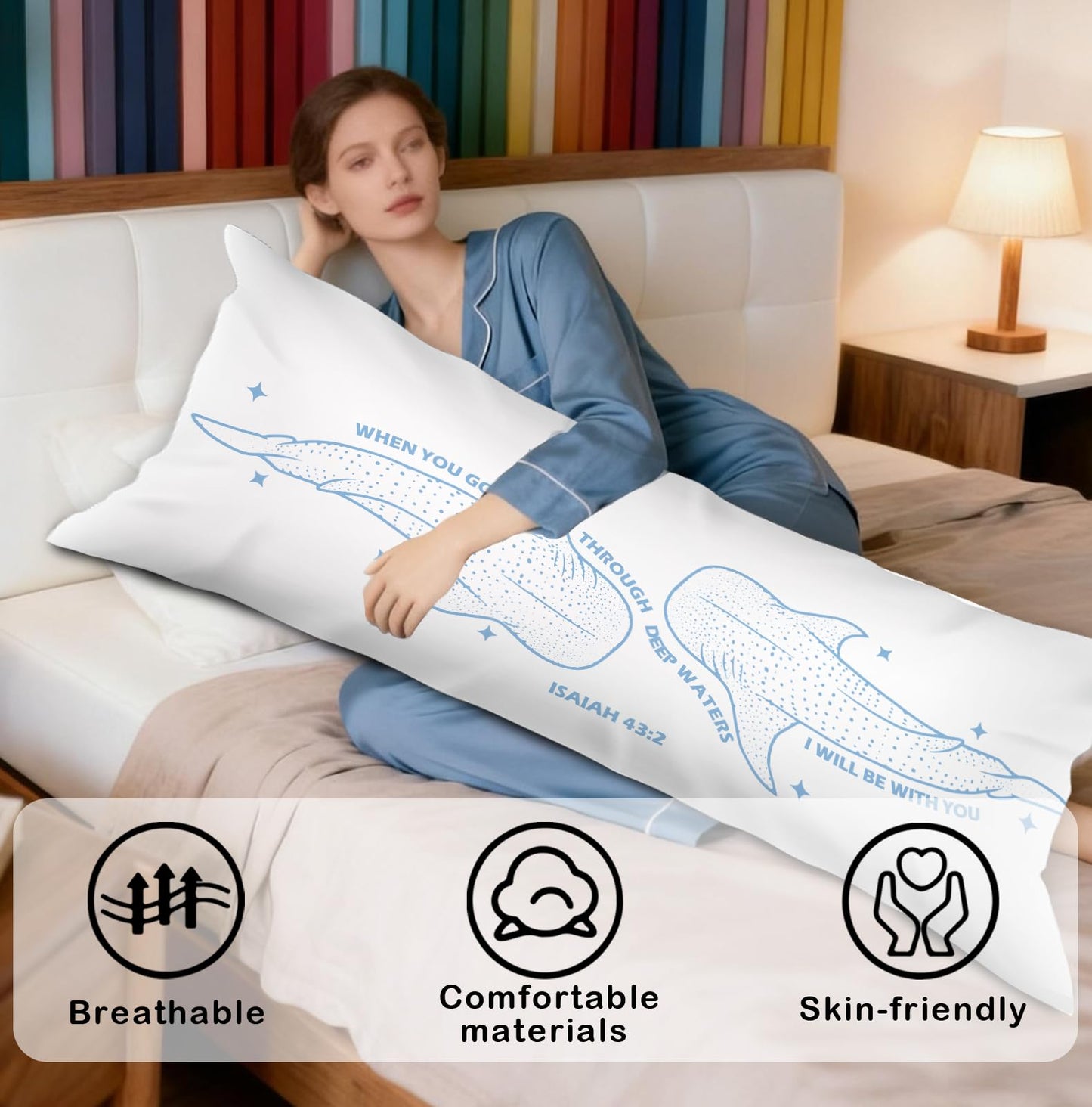 PQKIY Trendy Whale Shark Christian Body Pillow Covers 20x54,Christian Room Decor，Religious Gifts for Women, Isaiah 43:2 Bible Verse Decorative Long Body Pillow Cover for Couch Living Room Bedroom