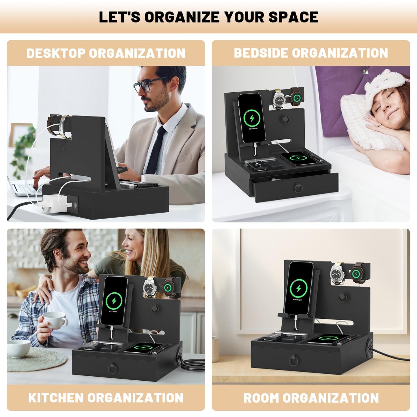 Wood Phone Docking Station with USB Ports and Outlets, Nightstand Organizer with Charging Station, Bedside Organizer with Drawer for Watch & Accessories, Christmas Anniversary Birthday Gifts for Men