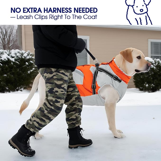 FUAMEY Dog Winter Jackets for Large Dogs,Dog Coat with Harness Built in,Waterproof Dogs Snowsuits Warm Pet Jacket Zip Up Fleece Cold Weather Coats Reflective Safety Pets Hunting Vest Orange L