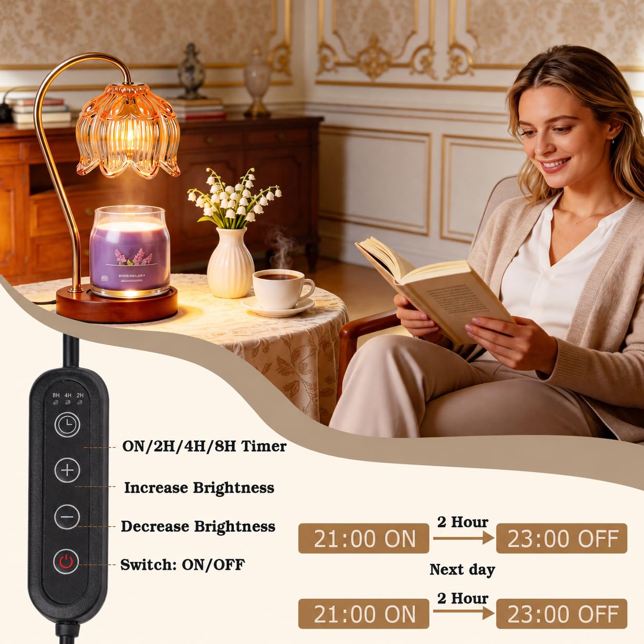 Funistree Flower Candle Warmer Lamp with Timer, Dimmable Candle Lamp Warmer, Christmas Birthday Gifts for Women Mom Her, Housewarming Home Decor, Lotus Wax Warmer for Yankee Candles - Lily Amber