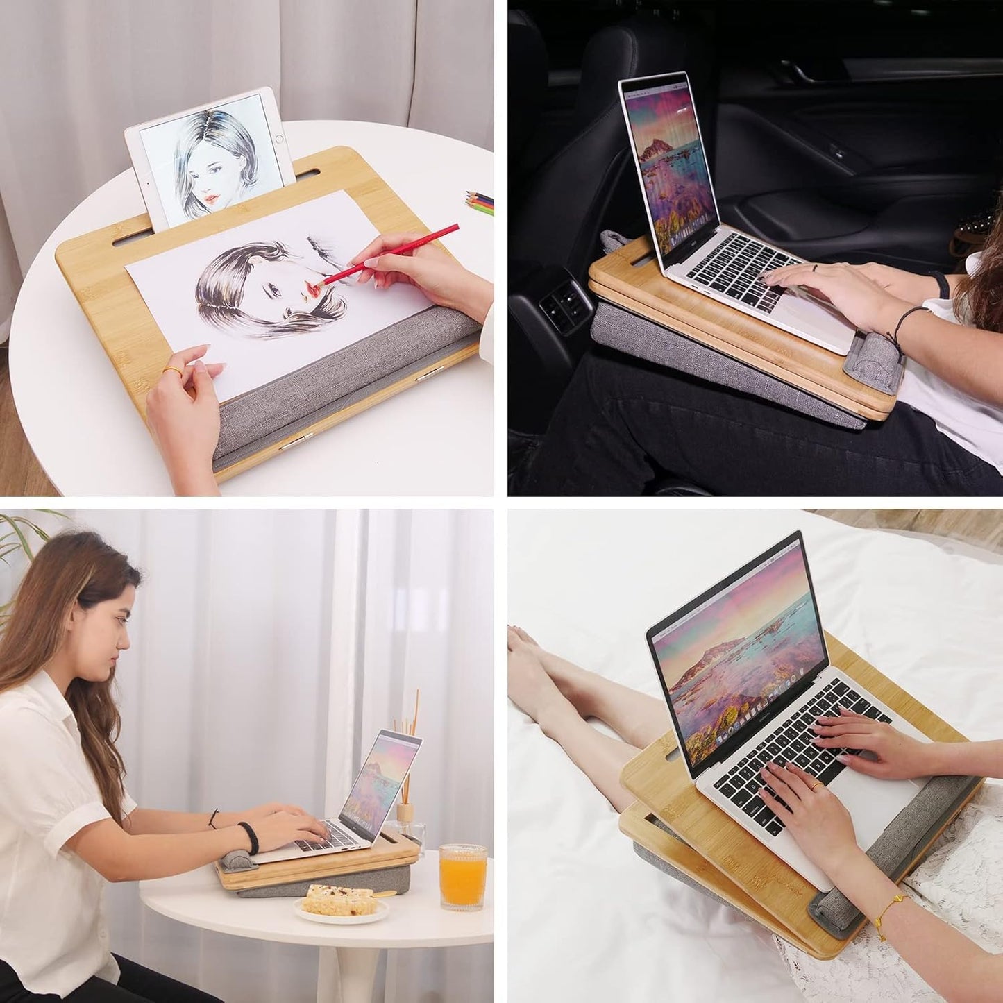 Adjustable Bamboo Lap Desk with Cushion - 5 Tilting Angles Ergonomic Laptop Bed Tray for Computers 15 inches or Less, Phone & Tablet Holder Slot, Dual Bolster for Comfort on Couch, Bed, Sofa & Car