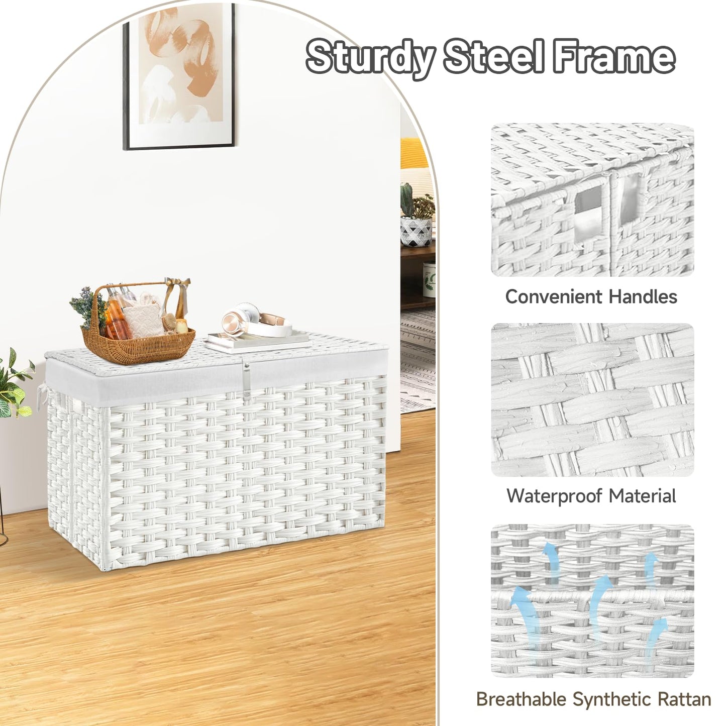 180L Wicker Storage Basket with Lid, Handwoven Rattan Large Shelf Basket with Removable Liner, 47.6 Gallon Wicker Basket for Blanket, Storage Trunk with Handle for Closet, Bedroom, Livingroom, White