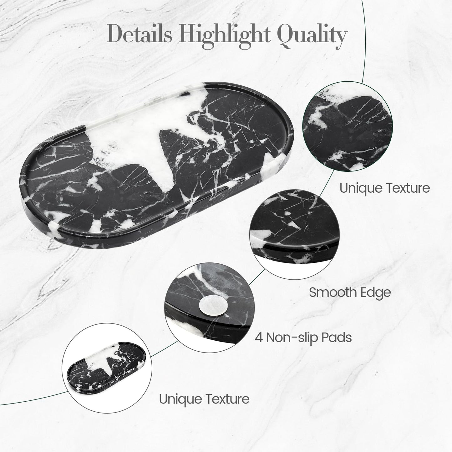 Natural Marble Tray Bathroom Tray, Luxury Decorative Trays for Bathroom, Vanity, Dresser, Kitchen & Home Decor, Valentine's Day House Warming Gifts New Home (Black)