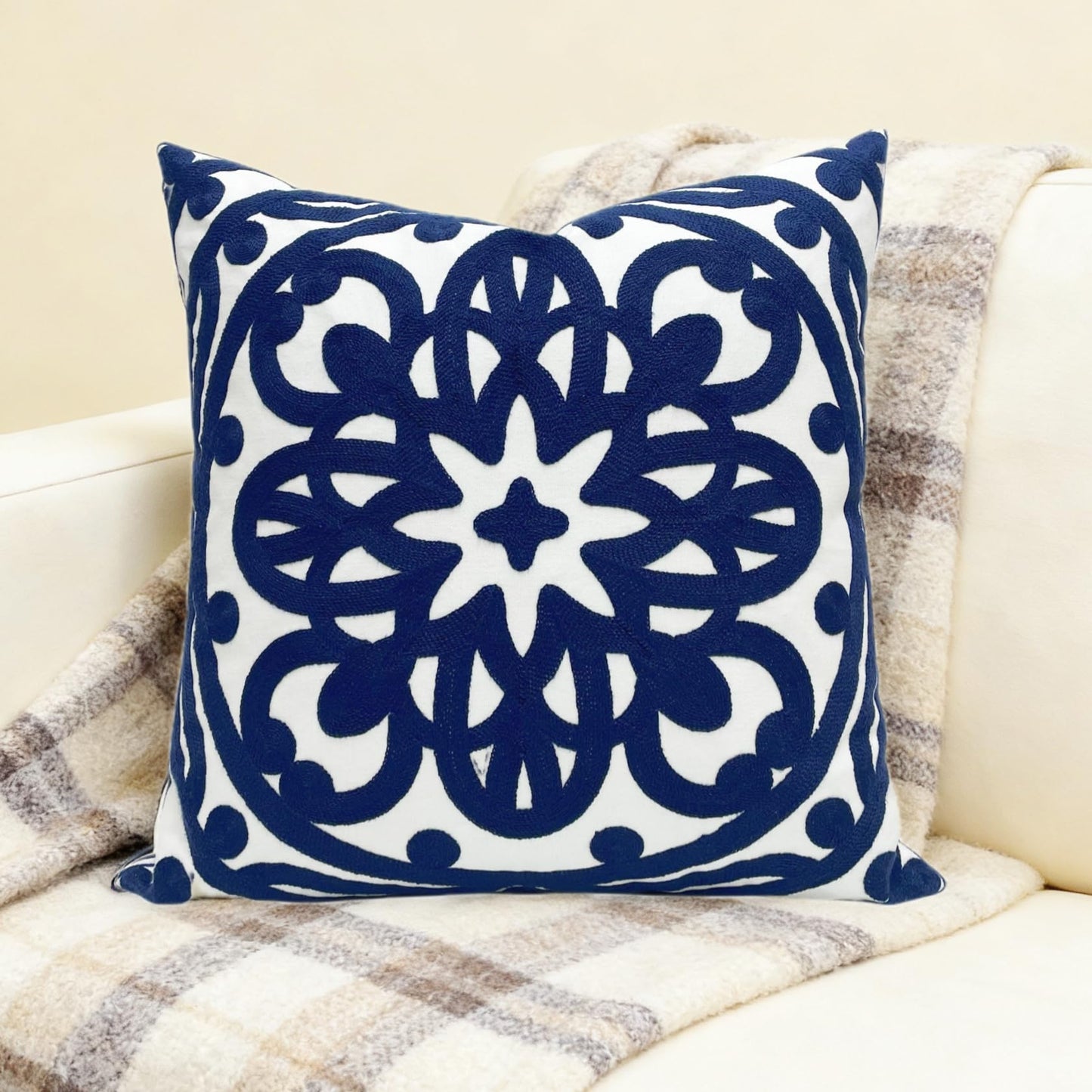 Slow Cow Canvas Embroidered Decorative Throw Pillow Cover Square 18 x18 inches Cozy Boho Mandala Chic Knit Pattern Cushion Cover for Sofa Couch Living Room Bedroom