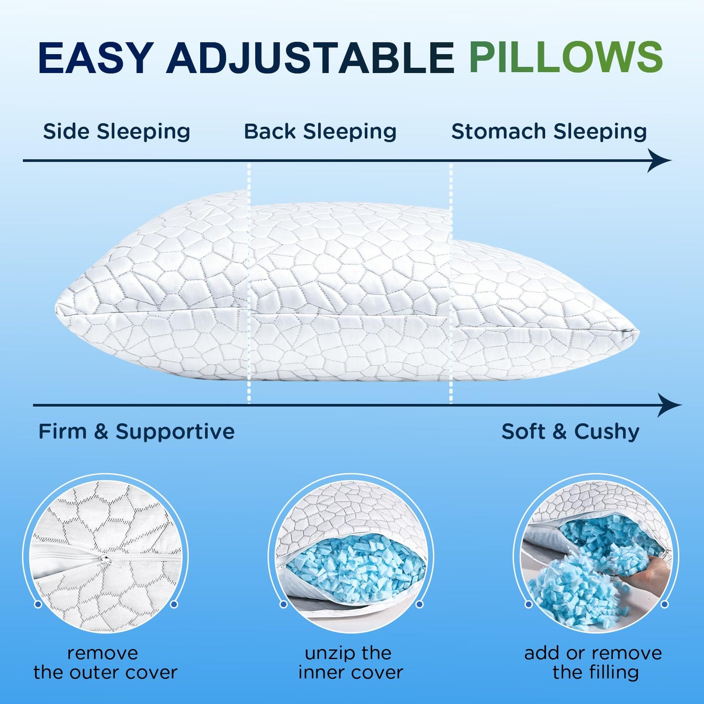 Cooling Pillow King Size 1 Pack, Adjustable Bed Pillows for Sleeping, Luxury Shredded Memory Foam Pillows, Soft Yet Supportive Firm Pillow for Side, Back, Stomach Sleepers, Cool Pillow for Hot Sleeper