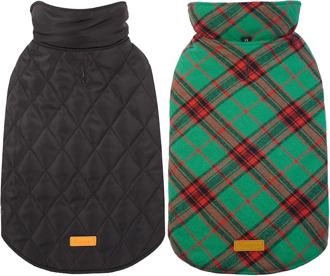 Kuoser Waterproof Dog Coat, Reversible Dog Jacket for Small Dogs, Adjustable Durable Doggie Winter Coat Warm Cozy Puppy Cold Weather Apparel from Small to Large Breed, Christmas Green S