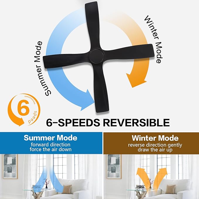 WINGBO 54" DC Ceiling Fan without Lights, 4 Carved Solid Wood Blades, 6-Speed Noiseless Reversible DC Motor, Modern Ceiling Fan No Light with Remote, Matte Black Finish with Black Blades, ETL Listed