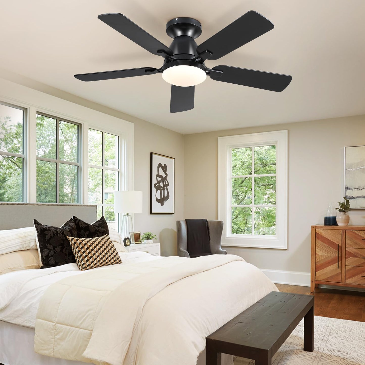NSXQMUV 46 Inch Ceiling Fans with Lights and Remote, Modern Black Low Profile Ceiling fan with light for Bedroom Indoor/Outdoor, Flush Mount, Reversible Quiet DC Motor, Dimmable LED, Wooden Blades