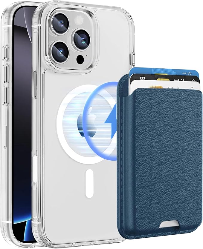 Ntwinro Magnetic for iPhone 16 Pro Max Clear Case (Compatible with MagSafe) with Blue Detachable Wallet & Card Holder for 3 Cards [RFID Blocking] Military Grade Protective Slim Phone Cover