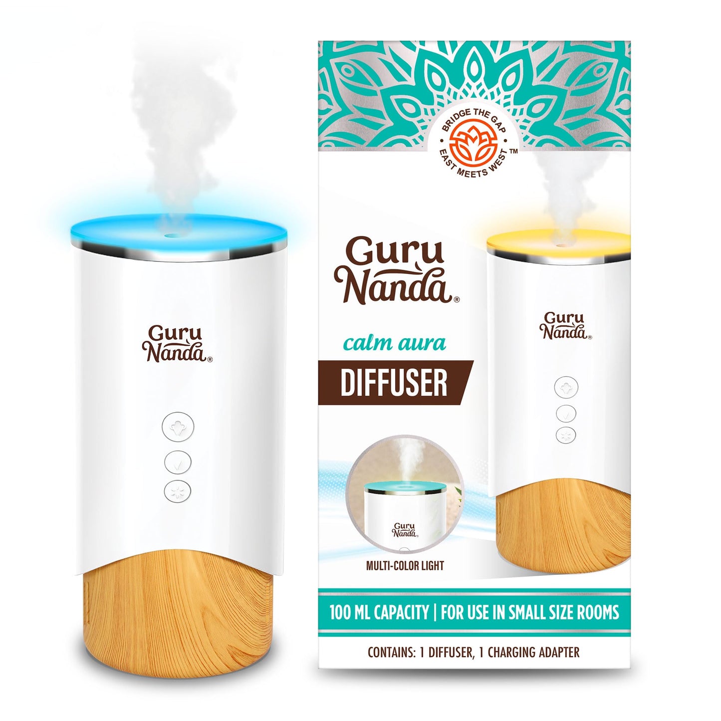 GuruNanda Calm Aura Essential Oil Diffuser, Sleek Modern Corded Electric Aromatherapy Diffuser with Turbo & Mist Modes, Auto Shut-Off Safety, Covers 250 Sq Ft, White, 100 ml