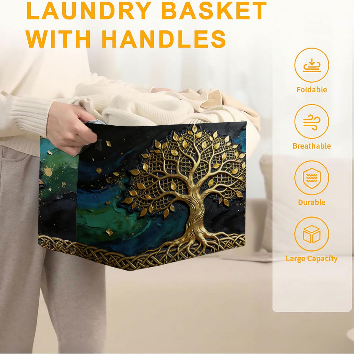Golden Life Tree Foldable Laundry Basket Hamper with Handles, 56L Large Capacity Toy Storage Organizer, Collapsible Clothes Hamper for Home Decor and Bedroom Organization.
