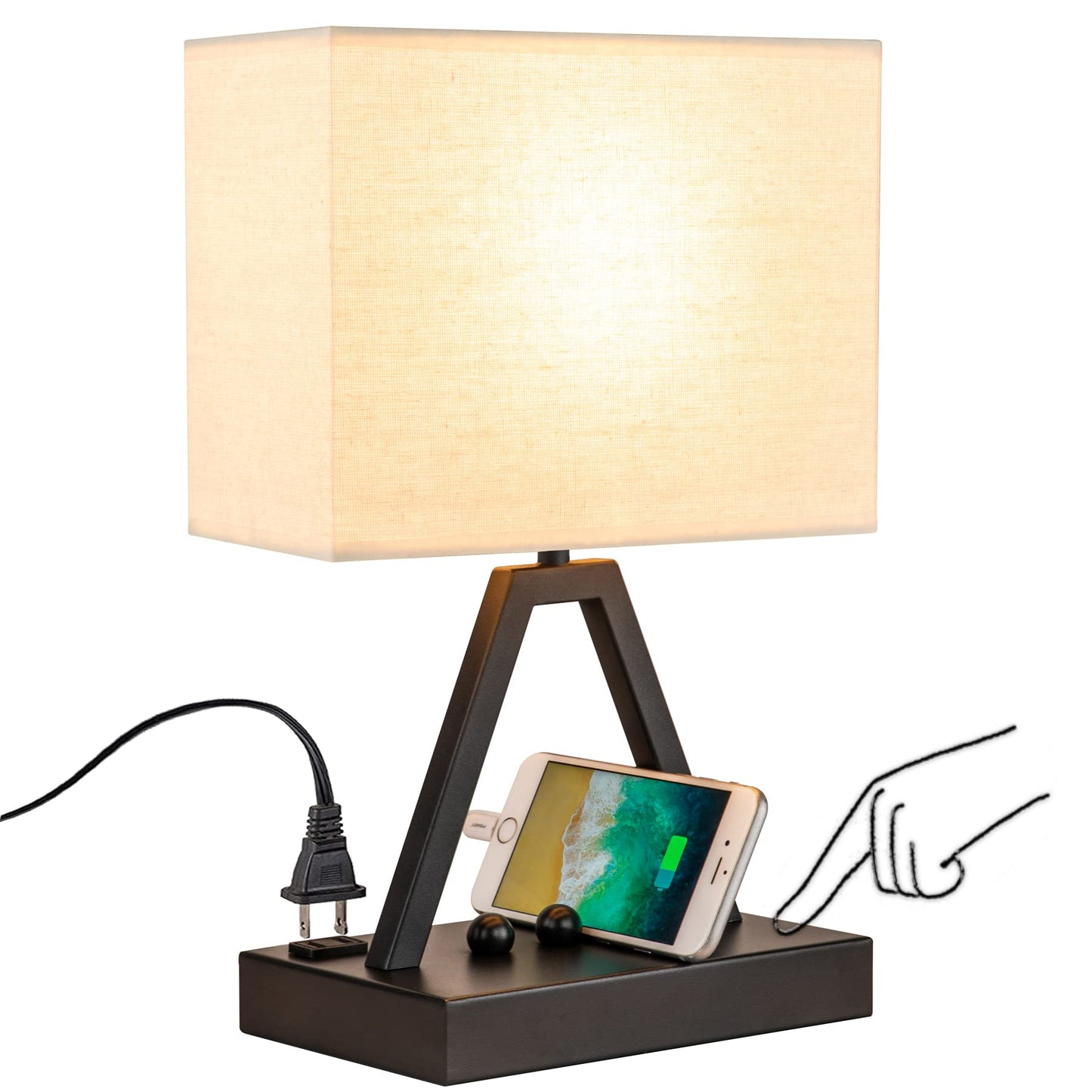 Briever Touch Control Table Lamp, 3-Way Dimmable Desk Lamp with USB C & USB A and AC Outlet, Bedside Lamps with Phone Stands for Bedroom, Living Room, Office, LED Bulb Included, Black