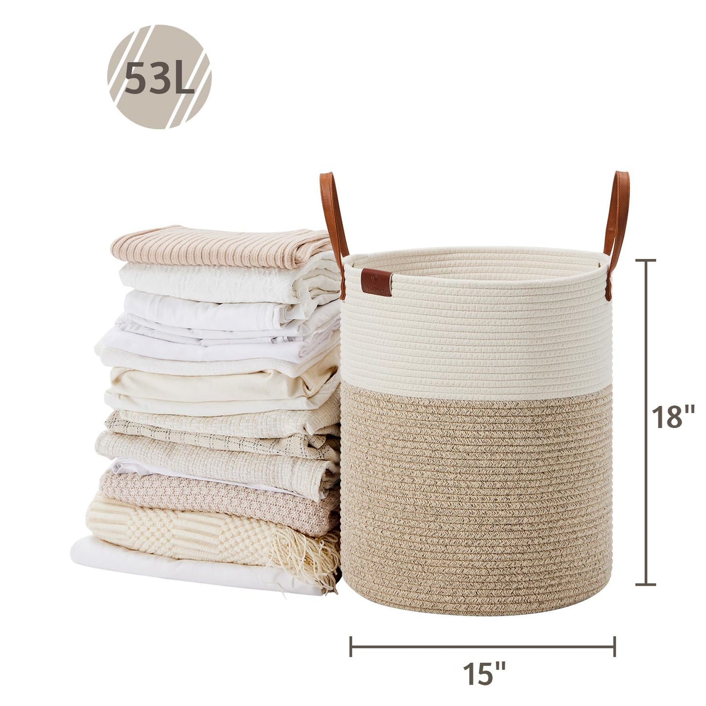VIPOSCO 53L Tall Woven Rope Laundry Hamper, Leather Handles, White & Brown