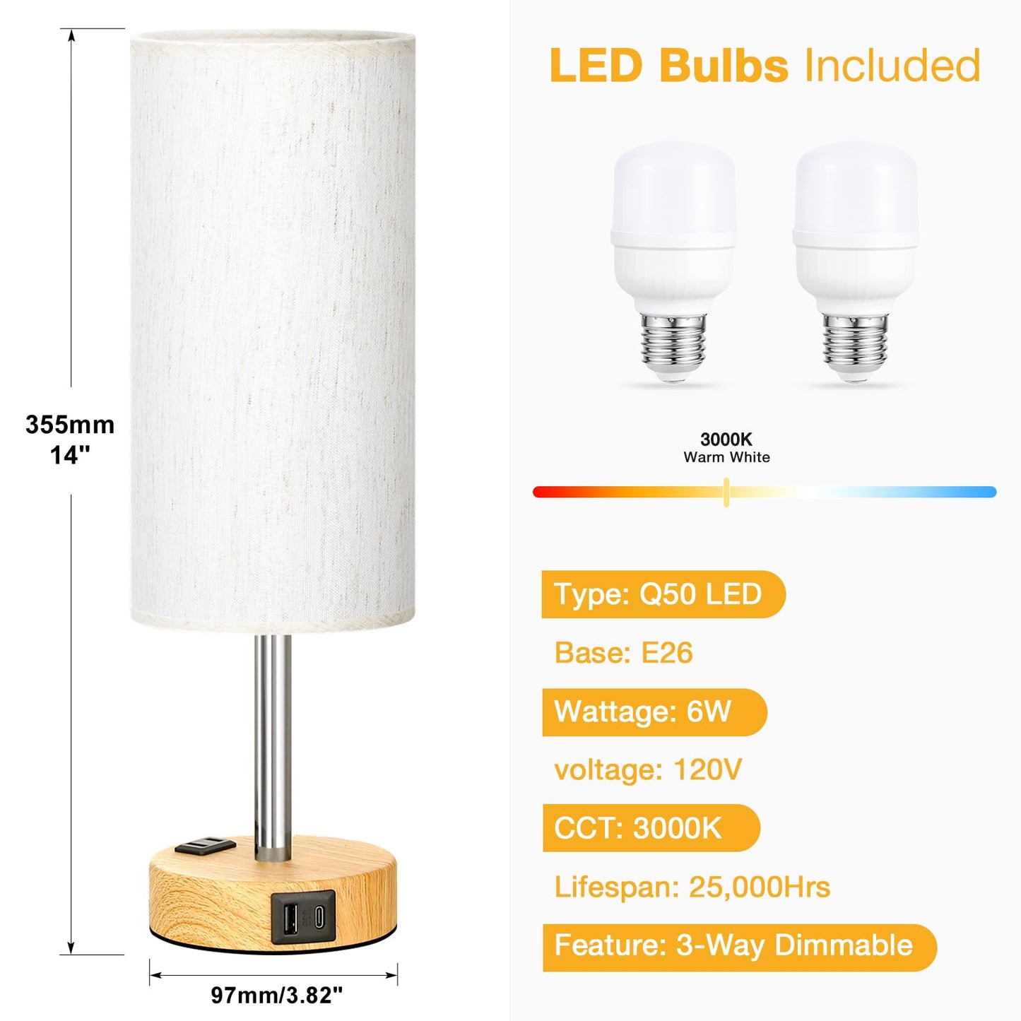 Touch Bedside Table Lamps Set - 3 Way Dimmable Bedroom Lamps Set of 2 with USB C & A Ports, Small Lamps for Nightstand with AC Outlet, Small Desk Lamp for Office, Dorm, Nursery - Dorm Room Essentials