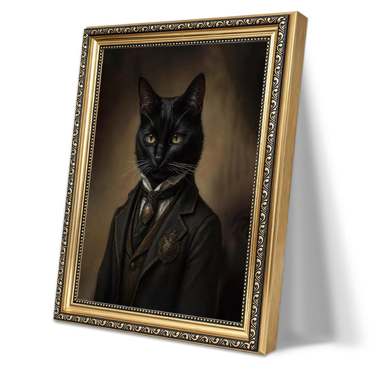 Vintage Anthropomorphic Black Cat Framed Wall Art Royal Pet Portrait Canvas Print Gothic Animal Oil Painting Antique Moody Victorian Decor for Living Room Bedroom Kitchen Home Office Gallery Wall Decor Gift for Art Lovers Friends New Homeowners 9x11 Inch