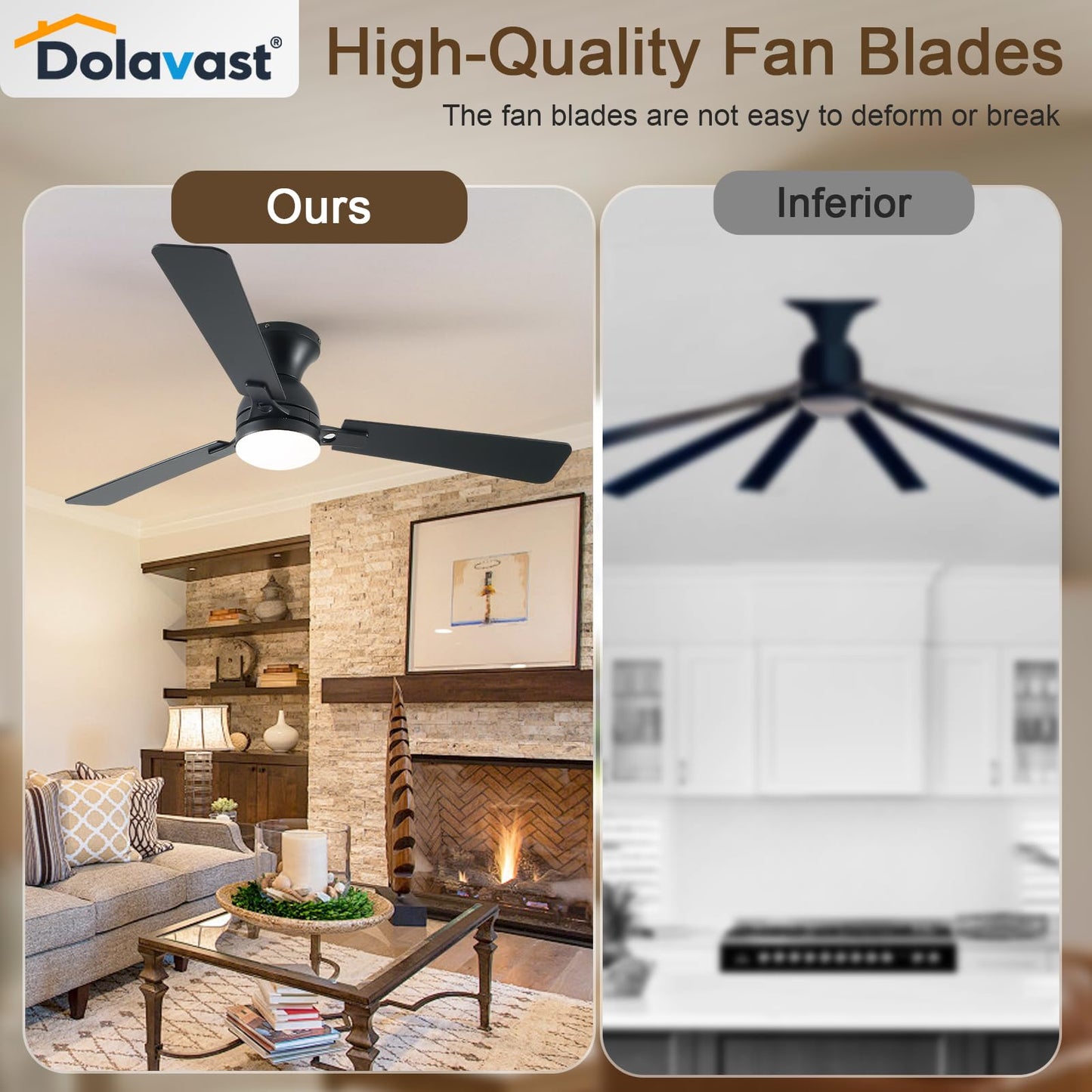 Dolavast Ceiling Fans with Lights, 52 inch Low Profile Ceiling Fan with Light and Remote Control, Flush Mount, Reversible, 3CCT, Dimmable LED, Noiseless, Black Ceiling Fan for Bedroom, Living Room