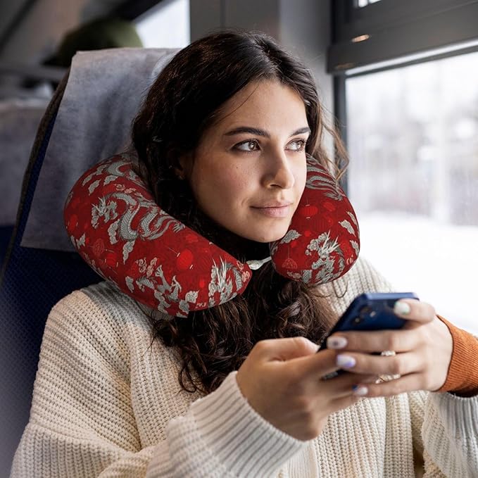 Funny Neck Pillow Support for Car Flight Rest Chinese Dragon Music Note Art, Memory Foam U Shaped Decor Head Cushion for Home Outdoors Travel