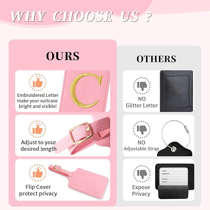 Personalized Initial Luggage Tags for Suitcase, Pink Leather Cute Luggage Tags with Privacy Cover Name Card, Embroidered Custom Monogrammed Luggage Tag Travel Bag Baggage Tags Gifts for Women Kids(C)