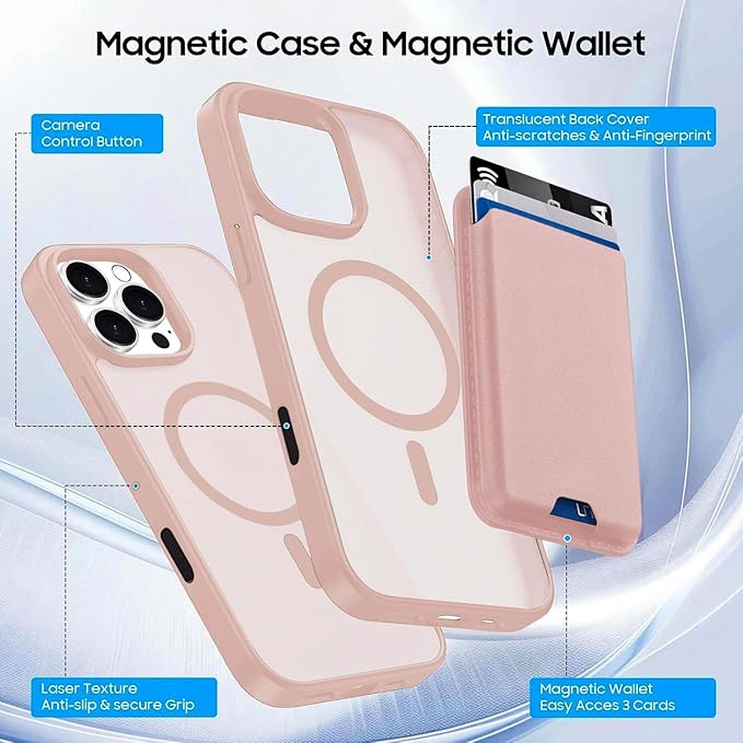 Ntwinro Magnetic for iPhone 16 Pro Max Case (Compatible with MagSafe) with Detachable Wallet & Card Holder for 3 Cards [RFID Blocking] Military Grade Protective Slim Phone Cover, Pink