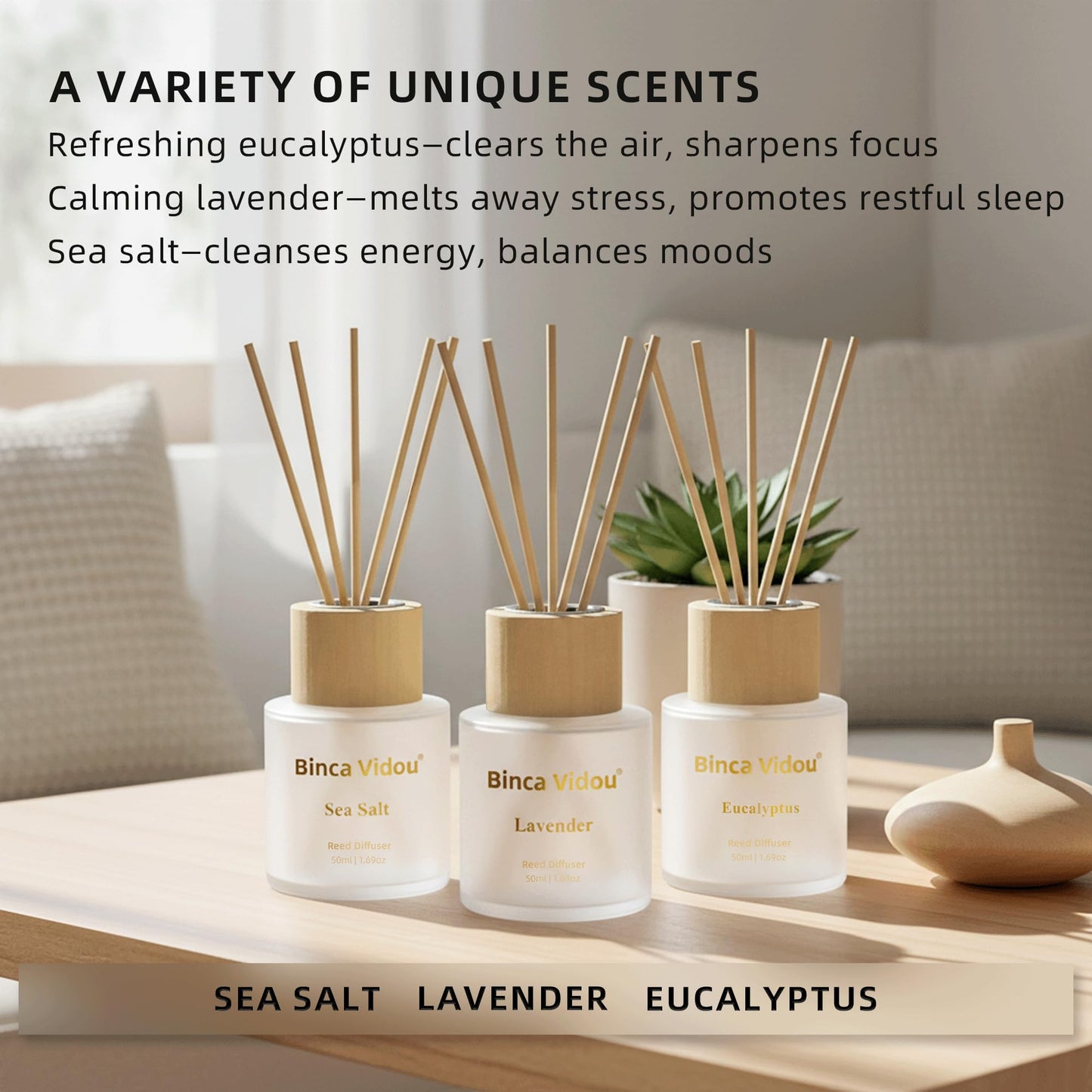 Reed Diffuser Set of 3, Binca Vidou Lavender, Eucalyptus & Sea Salt Natural Scent Oil Diffusers with Sticks for Home Office Bathroom Aromatherapy Decor 1.69oz x 3