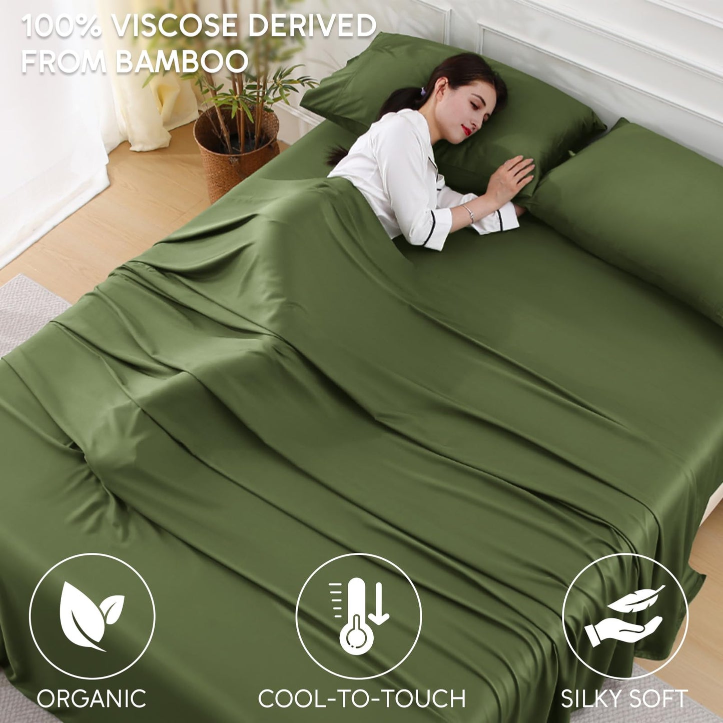 Swiftify 100% Organic Viscose Derived from Bamboo, 4-Piece Queen Bed Sheet Set, Ultra Soft & Luxuriously Cooling Sheets, Deep Pocket Fits 16" Mattress, Perfect for Hot Sleepers, Forest Green