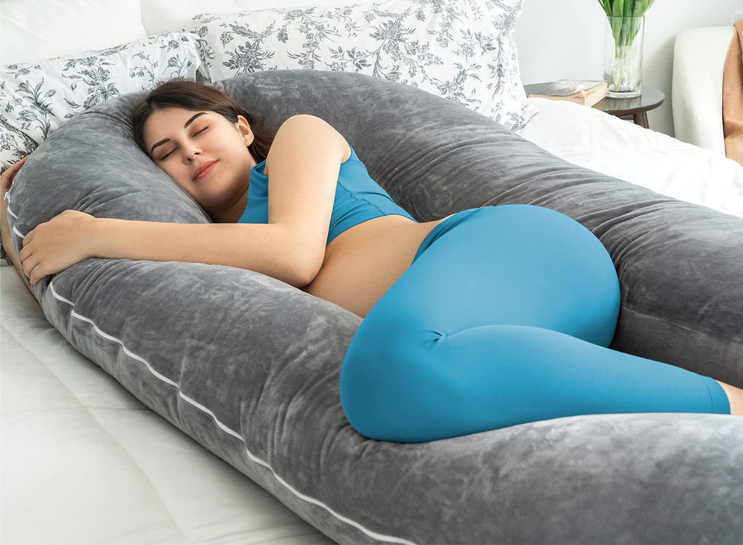 QUEEN ROSE Pregnancy Pillows for Sleeping, U Shaped Body Pillow for Pregnancy, 65 inch Maternity Pillow for Tall Pregnant Women with Gray Velvet Cover