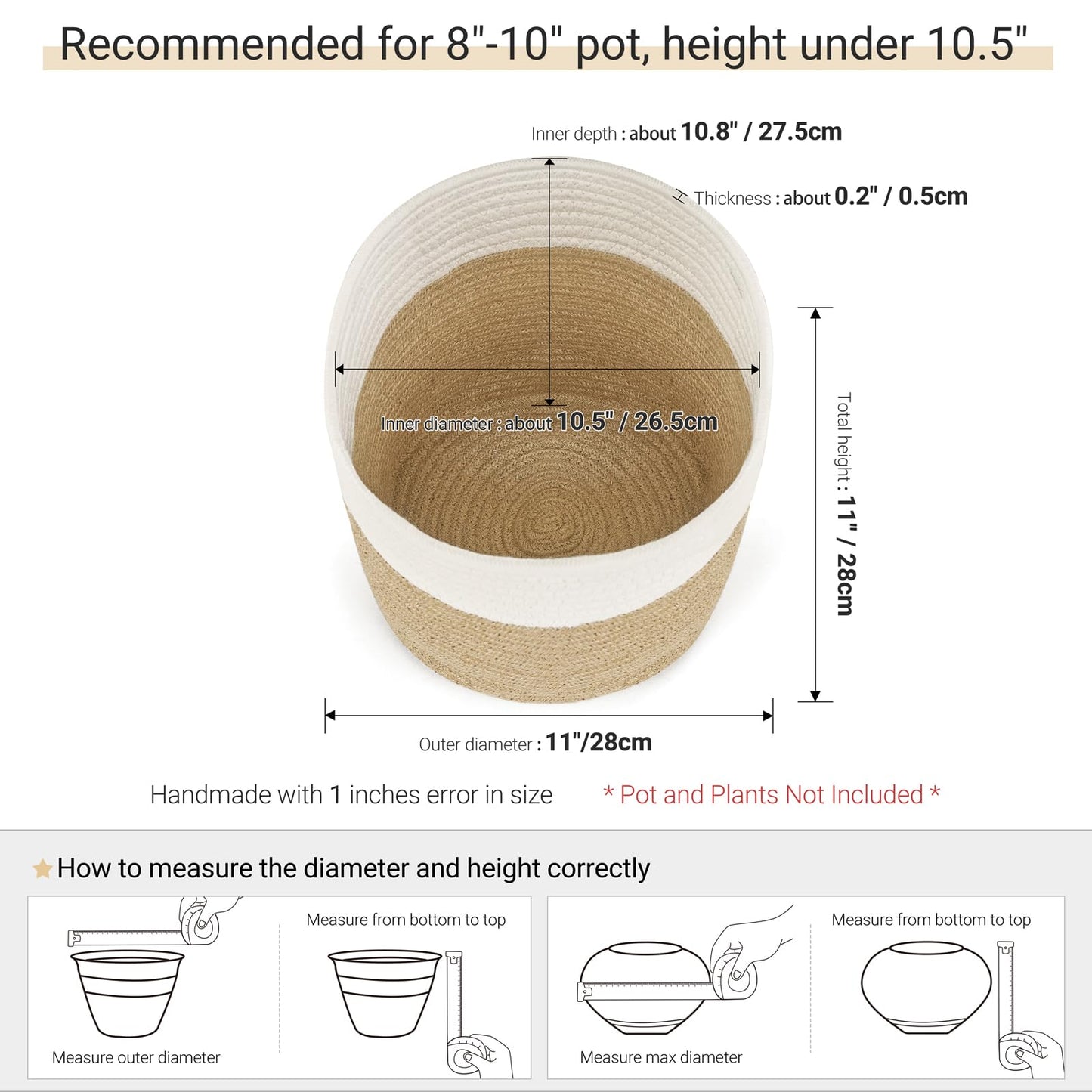 Dahey Jute Spliced Cotton Rope Plant Basket Modern Woven Storage Basket for 10.5" Floor Indoor Planter, Decorative Flower Pots Cover Laundry Bin with Handle Rustic Home Decor, White and Beige
