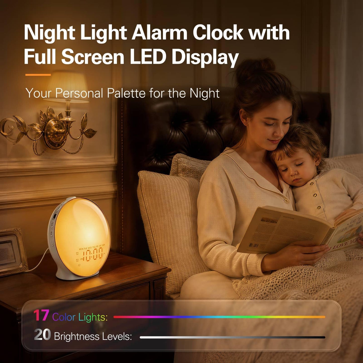 JALL Full-Screen Wake Up Light Sunrise Alarm Clocks for Bedrooms, White Noise Machine for Heavy Sleepers, 25 Natural Sounds, Dual Alarms, FM Radio, 17 Dimmable Colors, Bluetooth Speaker