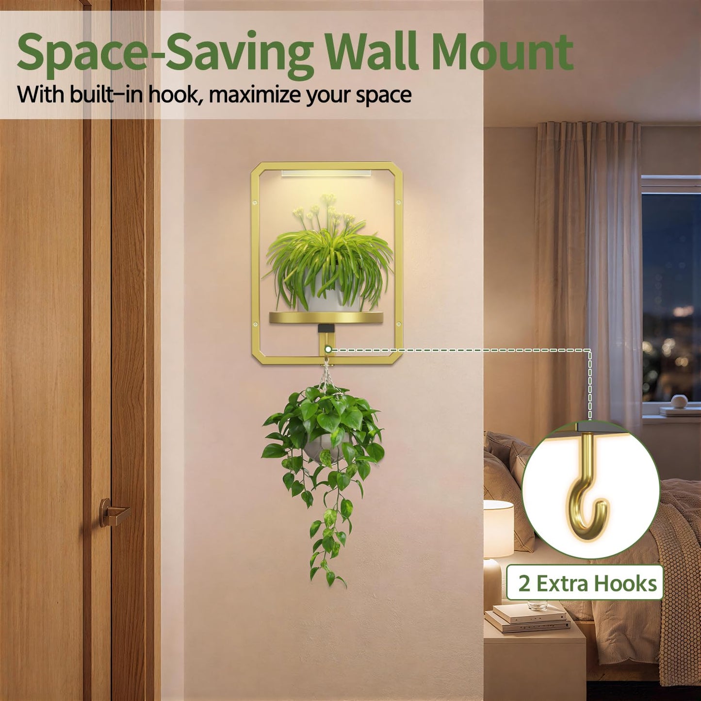 LASZOLA Plant Picture Frame Holder Wall Mount Indoor Window with 2 Grow Light, 2 Pack Modern Floating Flower Stand Shelf with Hooks, Metal Hanger Display Decor for Living Room, Gold