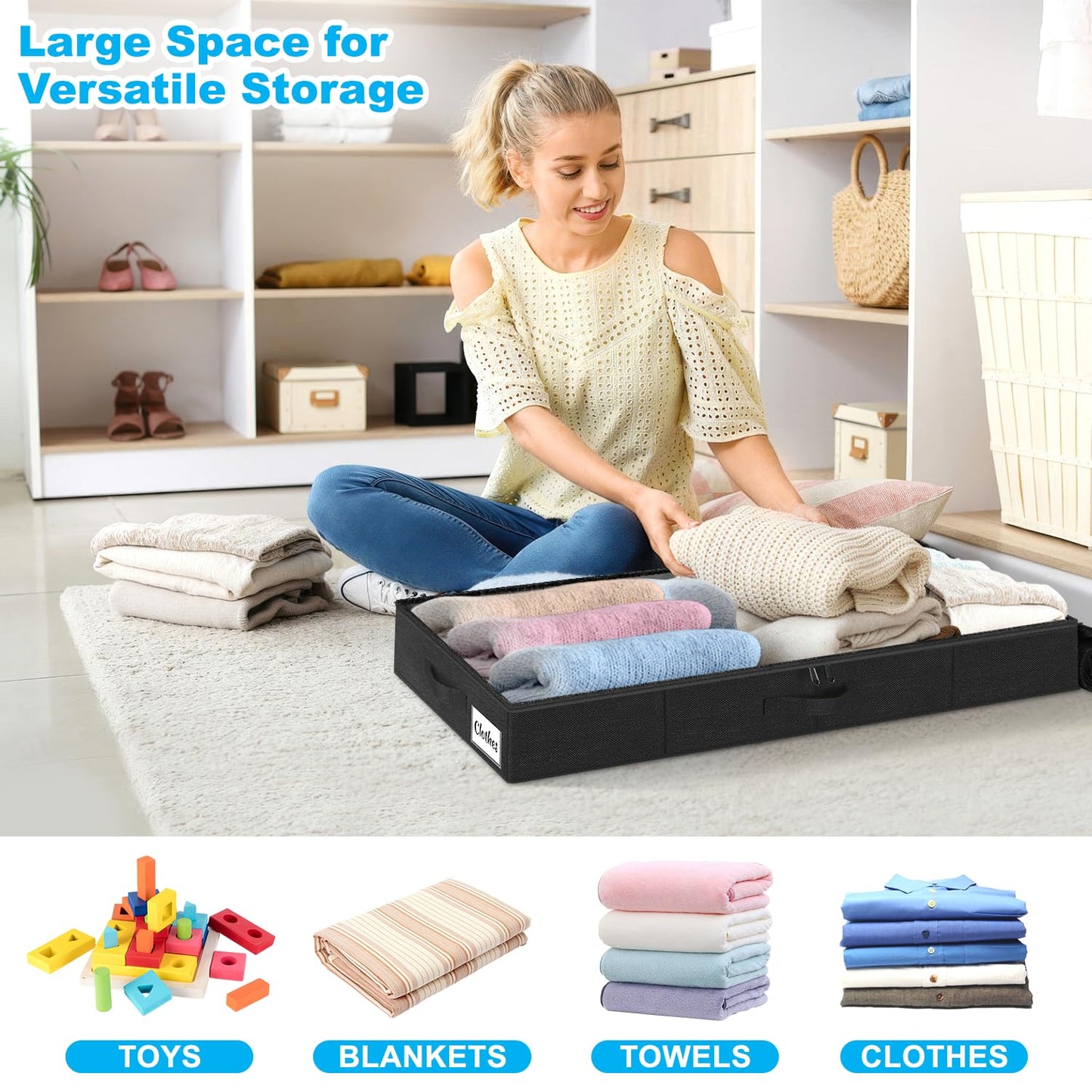 Under Bed Storage Container Bins 2 Pack, 4.5 Inch Slim Low Profile Underbed Clothes Storage Organizer for Dorm & Home, Use for Blanket and Toy Storage Box W/ Sturdy Bottom/Sides, Foldable Thick Fabric