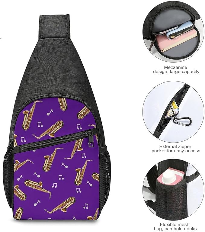SWEET TANG Womens Fashion Gym Bags Anti Theft Crossbody Shoulder Chest Bag with Small Pocket, Multipurpose Daypack Bag for Cycling Traveling Hiking, Saxophone And Music Purple