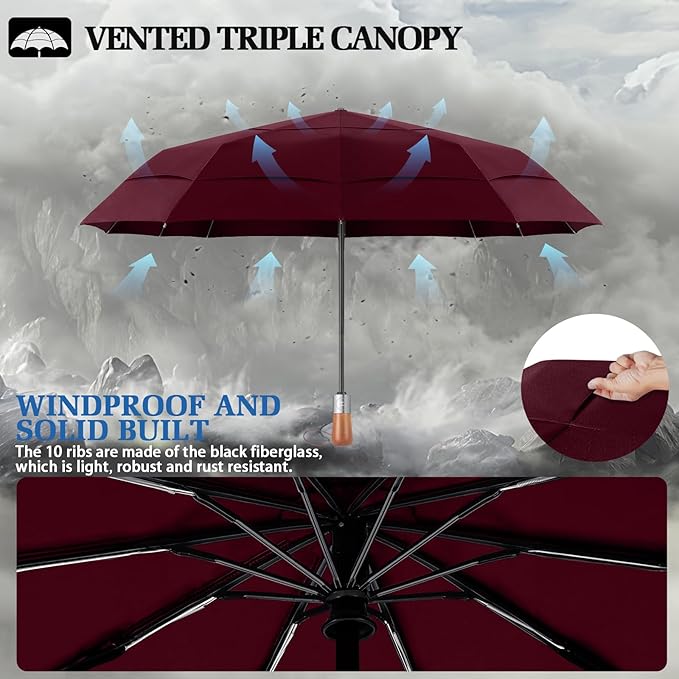 Umbrellas for Rain, 47" Large Windproof Travel Umbrella, Triple-Layer Vented Canopy, 10 Fiberglass Ribs, Auto Open Close Compact Umbrella, Wooden Handle, Heavy Duty for Commute, Gifts for Men & Women